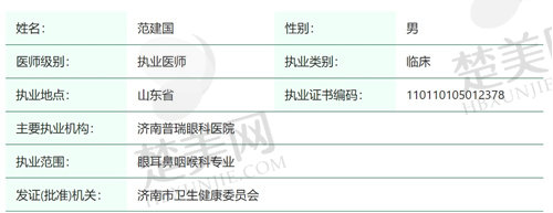 济南普瑞眼科医院范建国医生简介